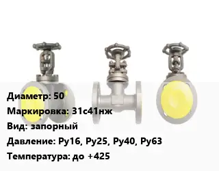 Вентиль стальной - клапан запорный 50 31с41нж запорный Ру16, Ру25, Ру40, Ру63 до +425